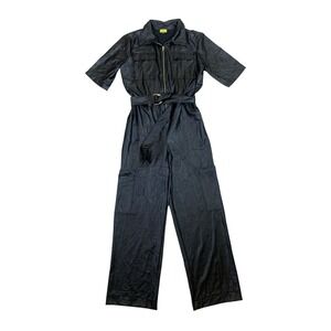 Love Highlight Black Faux Leather Jumpsuit Belted Zip Utility M
